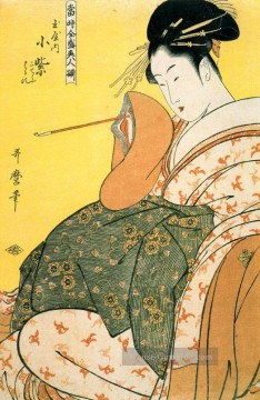  ukiyo - Komurasaki von der Tamaya mit der Pfeife in der Hand Kitagawa Utamaro Ukiyo e Bijin ga